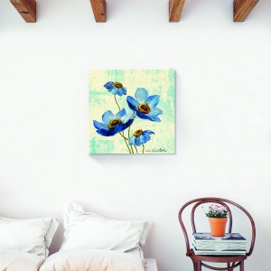 Tablou decorativ floral vintage pe canvas în nuanțe de albastru și narcise 60x60 cm