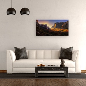 Tablou canvas - Foc De Lumina Peste Yosemite, Munti, Vale, Cascada, Apus De Soare, 50 x 100 cm - Img 2