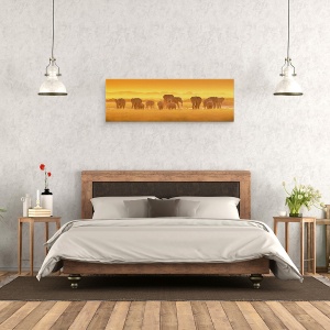 Tablou Canvas - Lumina Aurie, Elefanti, Turma, Fauna Salbatica, Apus De Soare, 30 x 90 cm - Img 3