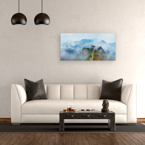 Tablou canvas - Mama Si Fiica Urcand Treptele De Pe Marele Zid, Ceata, Ploaie, Panorama, 50 x 100 cm - Img 2
