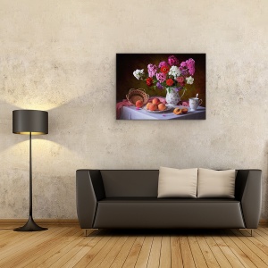 Tablou Canvas - Natura Moarta Cu Buchet De Vara si Piersici, 50 x 70 cm - Img 2