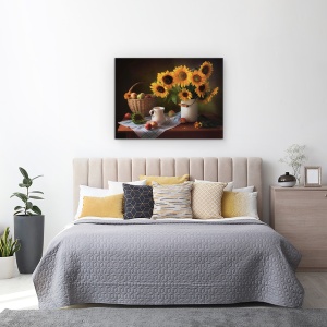 Tablou Canvas - Natura Moarta Cu Floarea Soarelui, Galben, Cos, Rustic, 50 x 70 cm - Img 3