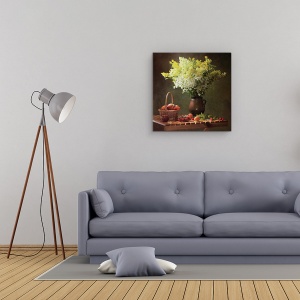 Tablou Canvas - Natura Moarta Cu Flori De Lunca, Fructe, 60 x 60 cm - Img 2