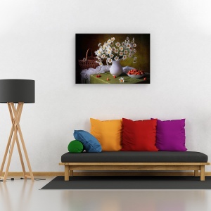 Tablou canvas - Natura moarta cu musetel, Natura moarta, Margareta, Flori, Cirese, 60 x 90 cm - Img 2