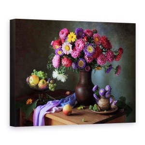 Tablou Canvas - Natura Moarta Cu Un Buchet De Asteri si Fructe, 75 x 100 cm