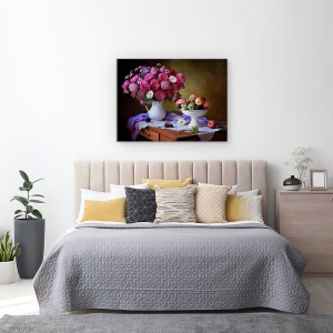 Tablou Canvas - Natura Moarta Cu Un Buchet De Asteri si Fructe, Bol De Fructe, Mar, 75 x 100 cm - Img 3