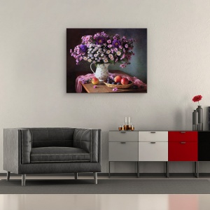 Tablou Canvas - Natura Moarta Cu Un Buchet De Crizanteme Si Fructe, Struguri, 60 x 75 cm - Img 2