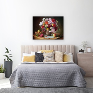 Tablou Canvas - Natura Moarta Cu Un Buchet De Flori si Mere, 75 x 100 cm - Img 3