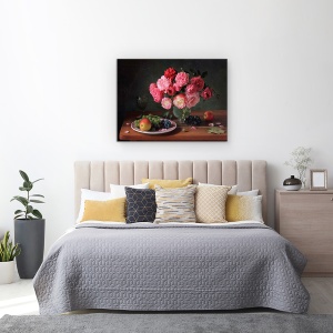 Tablou Canvas - Natura Moarta Cu Un Buchet De Trandafiri si Fructe, Fructe, 60 x 80 cm - Img 3