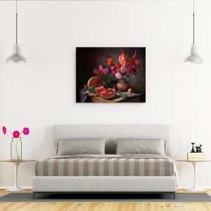Tablou Canvas - Natura Moarta, Pepene Galben, Fructe, Mar, Vaza, Flori, Vara, 40 x 50 cm - Img 3