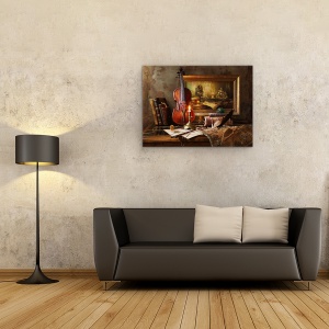 Tablou canvas - Natura Moarte Cu Vioara, Muzica, Vioara, Batran, Carte, Lumanare, Unealta, 75 x 100 cm - Img 2