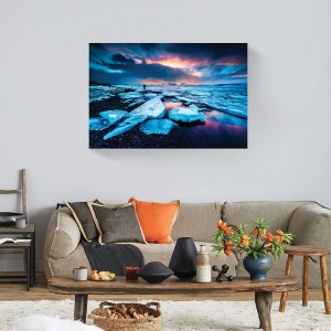 Tablou canvas peisaj iarnă cu apus și gheață, 60x90 cm