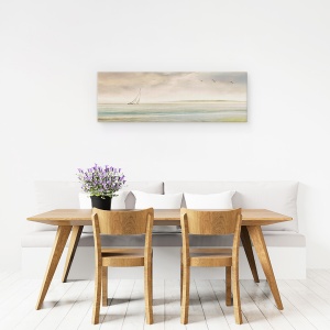 Tablou canvas - Natura, Peisaj, Marea, Apus De Soare, Barca Cu Panze, Pasari, 30 x 90 cm - Img 4
