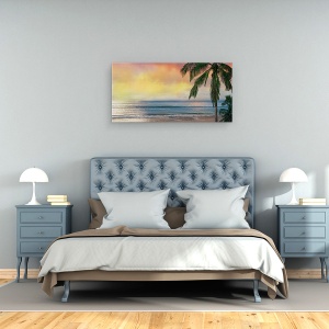Tablou canvas - Natura, Peisaj, Marea, Valuri, Palmier, Apus De Soare, Pictura, 50 x 100 cm - Img 3