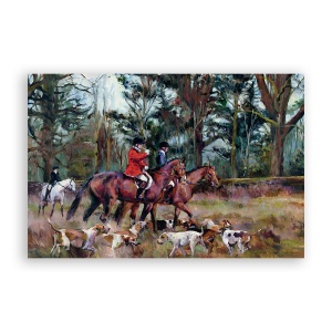 Tablou Canvas - Natura, Peisaj, Padure, Vanatori, Caini, Toamna, Pictura, 40 x 60 cm