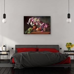 Tablou canvas - Natura statica cu flori de toamna si stuguri, Natura moarta, Buchet, Flori, Decor, 60 x 90 cm - Img 3