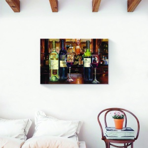 tablou decorativ modern living cu sticle de vin și pahare pe canvas