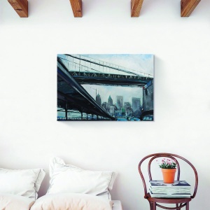 Tablou decorativ modern living cu oraș și pod pe canvas 80x120