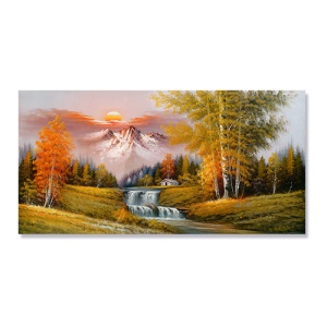 Tablou Canvas - Peisaj, Cascada, Munte, Copaci, Casuta, Toamna, Apus de soare, 50 x 100 cm