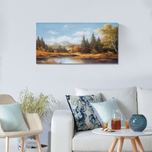 Tablou Canvas - Peisaj, Dealuri, Rau, Copaci, Toamna, 50 x 100 cm - Img 2