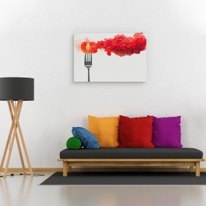 Tablou canvas - Rosii Dezintegrate, Rosie, Bucatarie, Furca, Tacamuri, Fum, 60 x 90 cm - Img 2