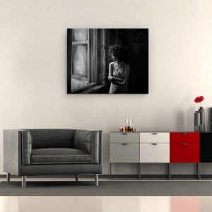 Tablou canvas - Singur, Portret, Alb-Negru, Femeie, Persoana, Vulnerabil, 60 x 75 cm - Img 2