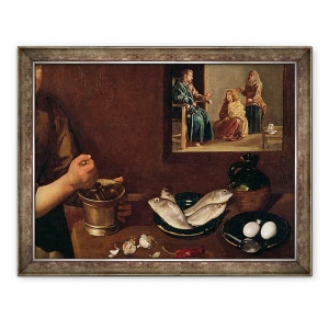 Tablou inramat - Diego Rodriguez de Silva y Velazquez - Scena de bucatarie cu Hristos in casa lui Marta si Maria, 60 x 80 cm