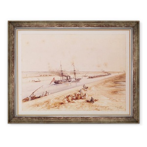 Tablou inramat - Edouard Riou - Un vapor turcesc cu vasle care urca pe Canalul Suez, 70 x 90 cm