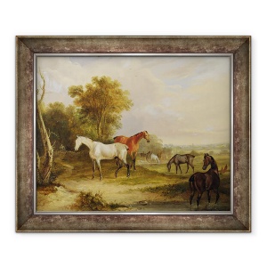 Tablou inramat - Francis Calcraft Turner - Cai pascut - Un armasar cenusiu pasunat cu iepe intr-o lunca, 50 x 60 cm