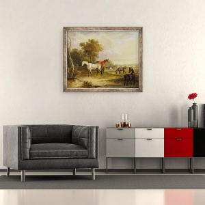 Tablou inramat - Francis Calcraft Turner - Cai pascut - Un armasar cenusiu pasunat cu iepe intr-o lunca, 50 x 60 cm - Img 2