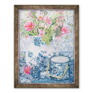 Tablou inramat - Joan Thewsey - Gerbera intr-un ulcior de coalport cu vase albastre, 60 x 80 cm