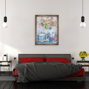 Tablou inramat - Joan Thewsey - Gerbera intr-un ulcior de coalport cu vase albastre, 60 x 80 cm - Img 3