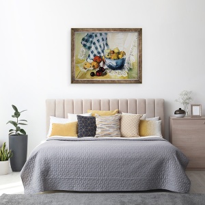 Tablou inramat - Joan Thewsey - Natura moarta cu un castron albastru, mere, pere, textile si dantela, 70 x 90 cm - Img 3