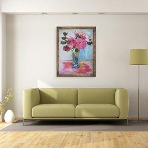 Tablou inramat - Joan Thewsey - Trandafiri roz intr-un pahar albastru, 2000, 70 x 90 cm - Img 3