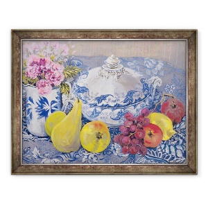 Tablou inramat - Joan Thewsey - Tureen albastru si alb cu fructe, 60 x 80 cm