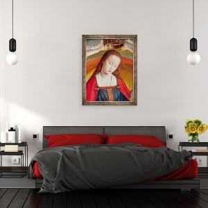 Tablou inramat - Master of Moulins - Fecioara Maria cu coroana ei, detaliu al incoronarii Fecioarei, panou central din Altarul Bourbon, 60 x 80 cm - Img 3