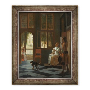Tablou inramat - Pieter de Hooch - Barbat inmanand o scrisoare unei femei in holul de intrare al unei case, 70 x 85 cm