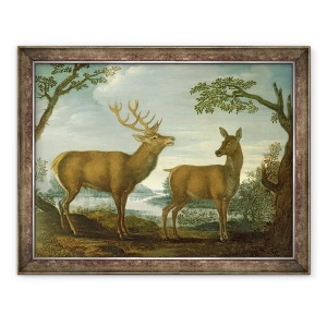 Tablou inramat - Scoala germana - Cerb si spate intr-un peisaj impadurit, 60 x 80 cm