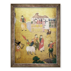 Tablou inramat - Scoala japoneza - Sosirea portughezilor in Japonia, detaliu al portughezilor de pe un ecran Namban Byobu, 70 x 90 cm