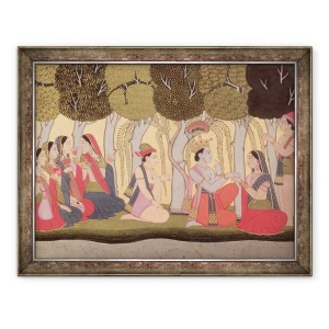 Tablou inramat - Scoala Pahari - Radha si Krishna asezat intr-o livada, Kulu, 70 x 90 cm