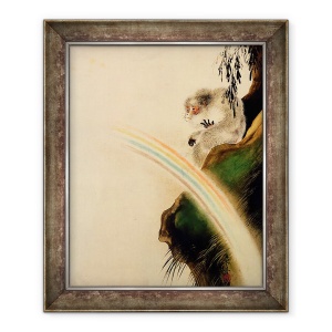 Tablou inramat - Shibata Zeshin - Gibbon asezat pe o stanca cu curcubeu in prim-plan, 50 x 60 cm
