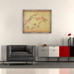 Tablou inramat - Tsubaki Chinzan - Floarea copacilor si pasarea, 50 x 60 cm - Img 2