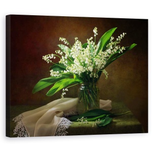 Tablou Canvas - Cu Un Buchet De Crini Din Vale, Floare, Dantela, Natura Statica, Vaza, 40 x 50 cm