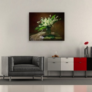 Tablou Canvas - Cu Un Buchet De Crini Din Vale, Floare, Dantela, Natura Statica, Vaza, 40 x 50 cm - Img 2