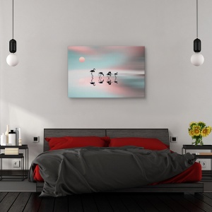 Tablou canvas - Familia de flamingo, Flori, Silueta, Soare, Roz, 80 x 120 cm - Img 3