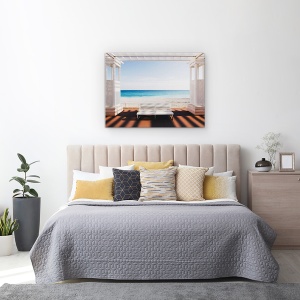 Tablou canvas - Fereastra Spre Mare, Peisaj, Banca, Alb, Mare, Ocean, 75 x 100 cm - Img 3