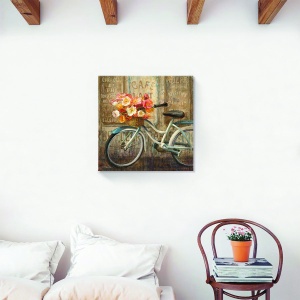 Tablou decorativ floral canvas cu bicicletă și flori 60x60 cm
