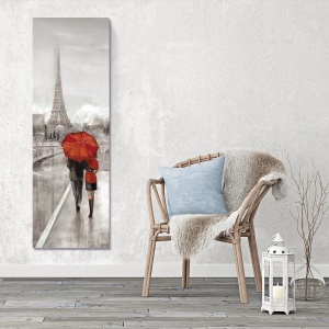 Tablou Canvas - Franta, Paris, Turnul Eiffel, Pereche, Ubrela Rosie, Toamna 30 x 90 cm - Img 2