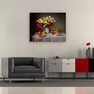 Tablou Canvas - Natura Moarta, Buchet, Floare, Flori, Pere, Struguri, 60 x 75 cm - Img 2