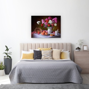 Tablou Canvas - Natura Moarta Cu Buchet De Vara si Piersici, 50 x 70 cm - Img 3
